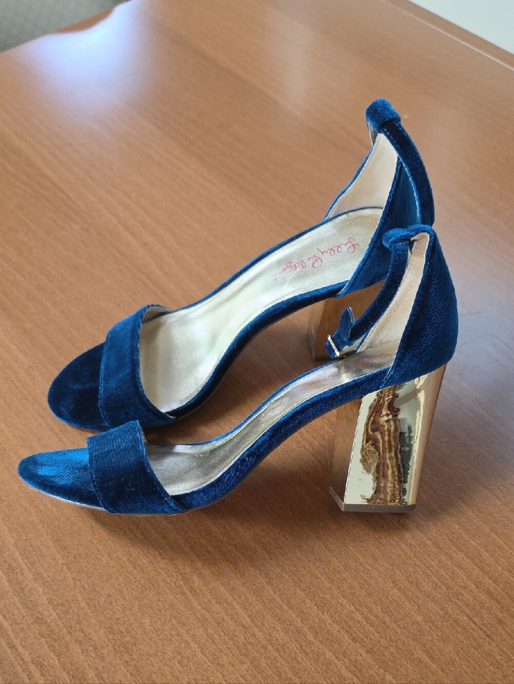 Lilly Pulitzer Blue Velvet Block Heel Sandals with Gold Accent, Size 9.5